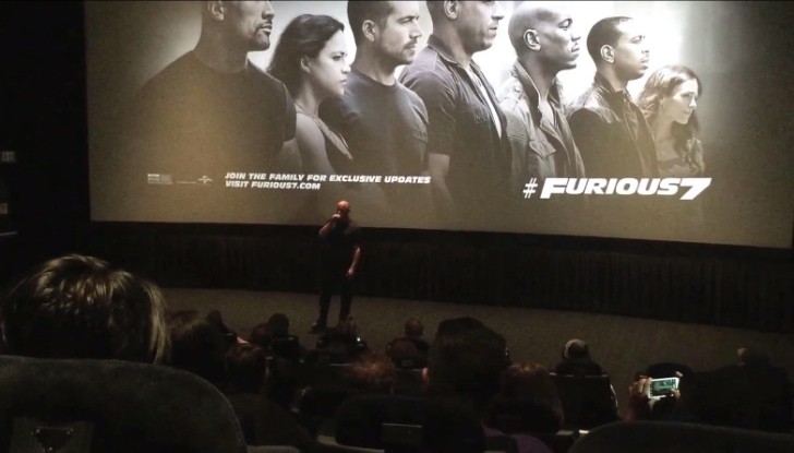 Vin Diesel doing an emotional speech introducing the movie to a small crowd in California