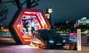 Web-Covered Hyundai Ioniq 6 Teleports Out of a Spider-Verse Portal in Central London