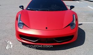 West Coast Customs Shares Photos of Satin Red Ferrari 458 Wrap for Justin Bieber