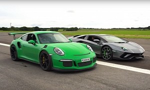 What Happens When You Drag Race a Porsche 911 GT3 RS and an Aventador Roadster?