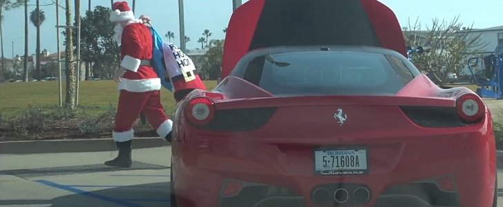 Santa Claus in a Ferrari 458
