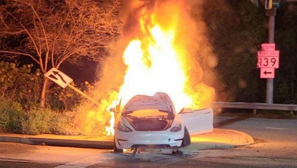 A Tesla Model 3 caught fire after crashing in Baltimore on September 30, 2021