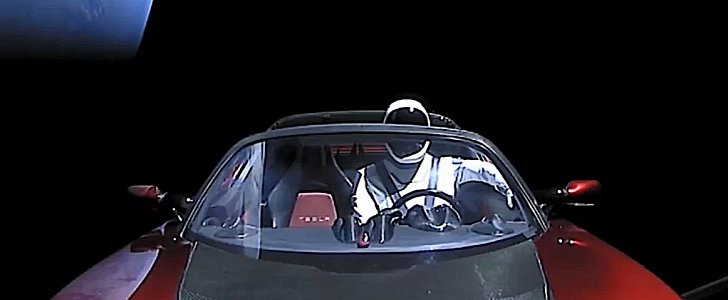 Tesla Roadster and Starman in space