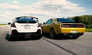 Widebody Challenger Scat Pack Drags and Rolls Tuned Civic Type R, Someone Wins by a Hair