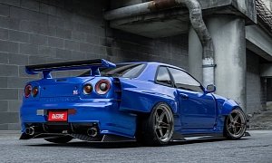Widebody R34 Nissan GT-R Is Full of Carbon, Looks Sliced