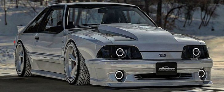 Snow White Fox Body Ford Mustang slammed widebody rendering by personalizatuauto