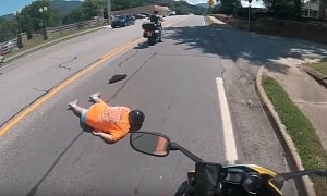 Woman Falls Off Motorcycle, Rider Doesn’t Even Notice