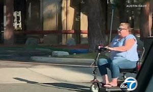 Woman on Motorized Scooter Is Towed by Car Through Rush Hour Traffic