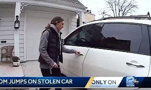 Woman Scares Car Thief Away by Jumping on The Hood
