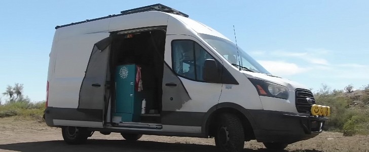 Woman turns Ford Transit van into a small home on wheels