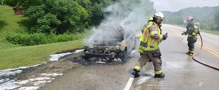 Woman's car burns down while driving down the highway in Wisconsin