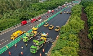 World’s Largest Unmanned Road Construction Fleet Operates on Busy Highway in China