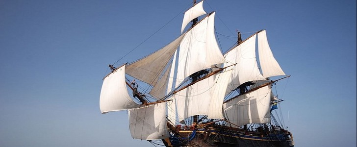 The replica ship uses mostly its sails, but also requires engines for additional power