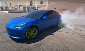 Wrapped Tesla Model 3 with Green Wheels Does 20-Second Tire-Shredding Drift