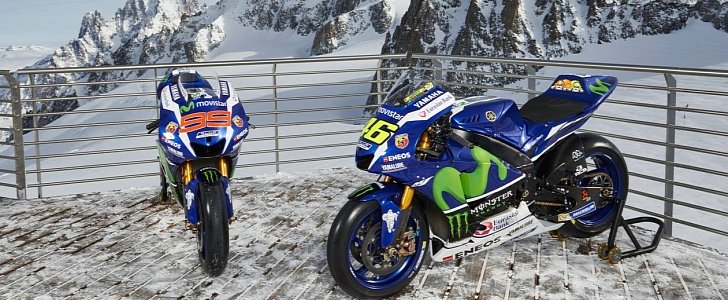 Yamaha MotoGP bikes on top of the Mont Blanc