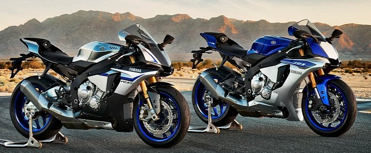 Yamaha YZF-R1 pictured in the right half of the photo