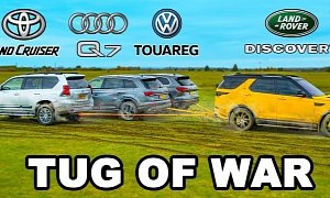 Yellow Discovery Takes on Audi Q7, VW Touareg and Land Cruiser in Tug of War