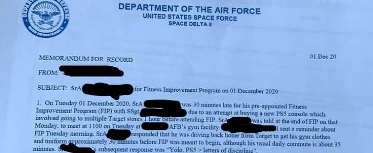 Letter of reprimand reveals Space Force guardian chose a PS5 over physical training because "YOLO"
