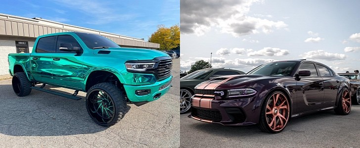 Ram 1500 teal mirror wrap and Dodge Charger Rose Gold on Forgiato wheels