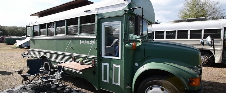 Meet Olive, a beautiful skoolie with a raised roof that boasts amazing interior space