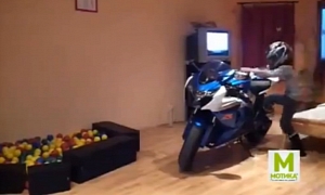 Young Girl Revving Up a Suzuki GSX Indoors: Cool or Fool?