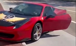 Young Lady Powerslides Ferrari Supercar up the Curb and Straight Into the Wall