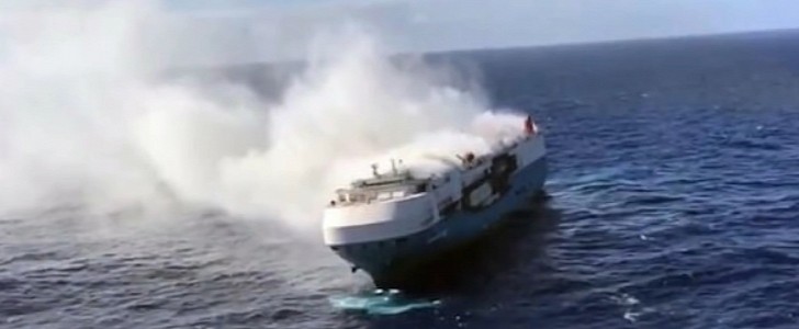 A car carrier ship full of Porsche cars caught fire in the Atlantic Ocean