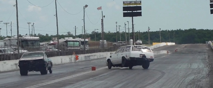 "Zombie" Chevrolet Malibu Wagon hits Chevrolet Nova during drag race 